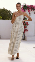 Nicole Spaghetti Strap Maxi Dress - Beige/Black Polka Dot