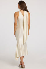 Asymmetric Scarf-Detail Midaxi Dress in Ivory
