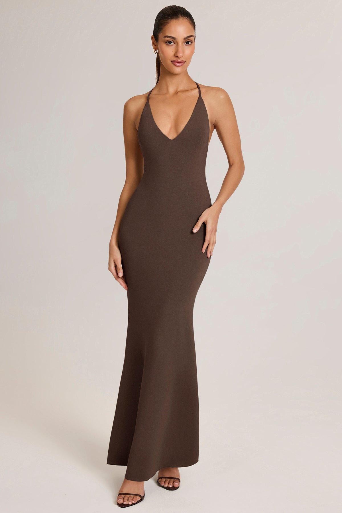 Modal Plunge Backless Maxi Dress in Chocolate Brown