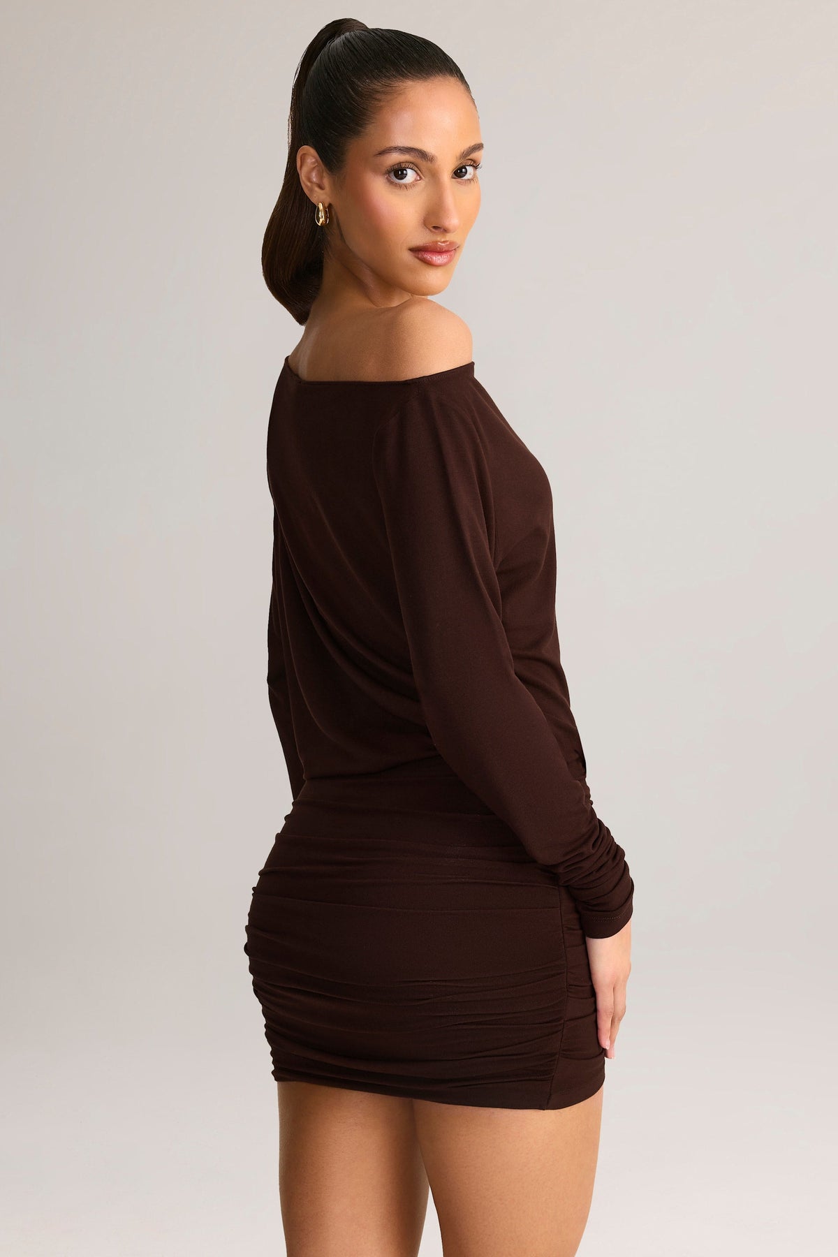 Modal Off-Shoulder Wrap Mini Dress in Chocolate Brown