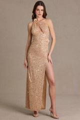 Embellished Asymmetric One-Shoulder Maxi Dress in Sand