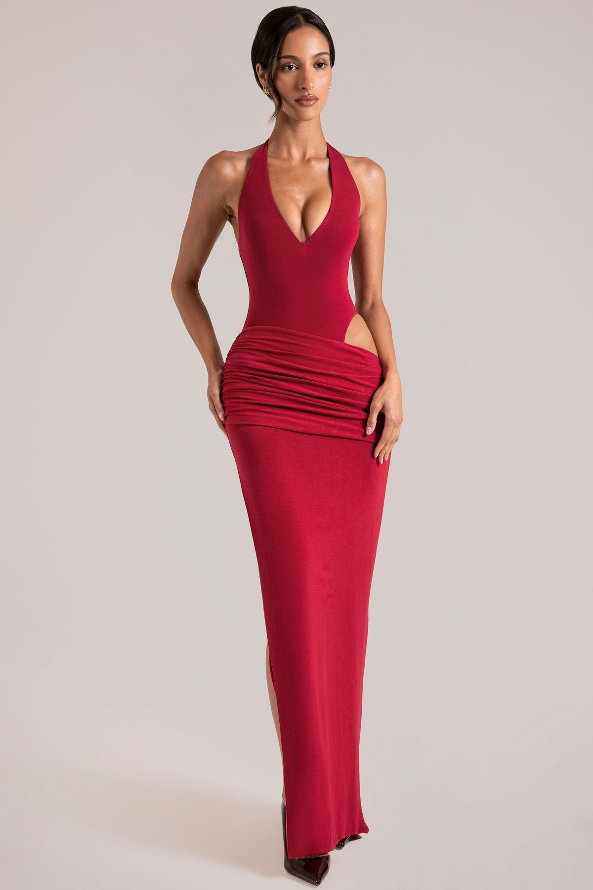 Deep Plunge Halterneck Maxi Dress in Cherry Red