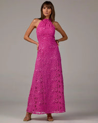Sequin Lace Halter Neck Maxi Dress Raspberry Rose