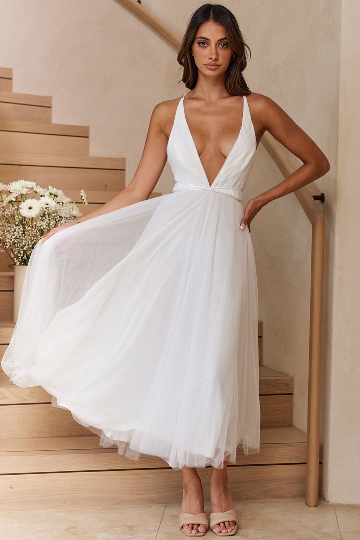 Floating By Plunging Neckline Mesh Overlay Midi Dress White