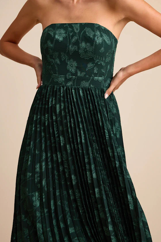 Perfectly Stunning Emerald Jacquard Strapless Midi Dress