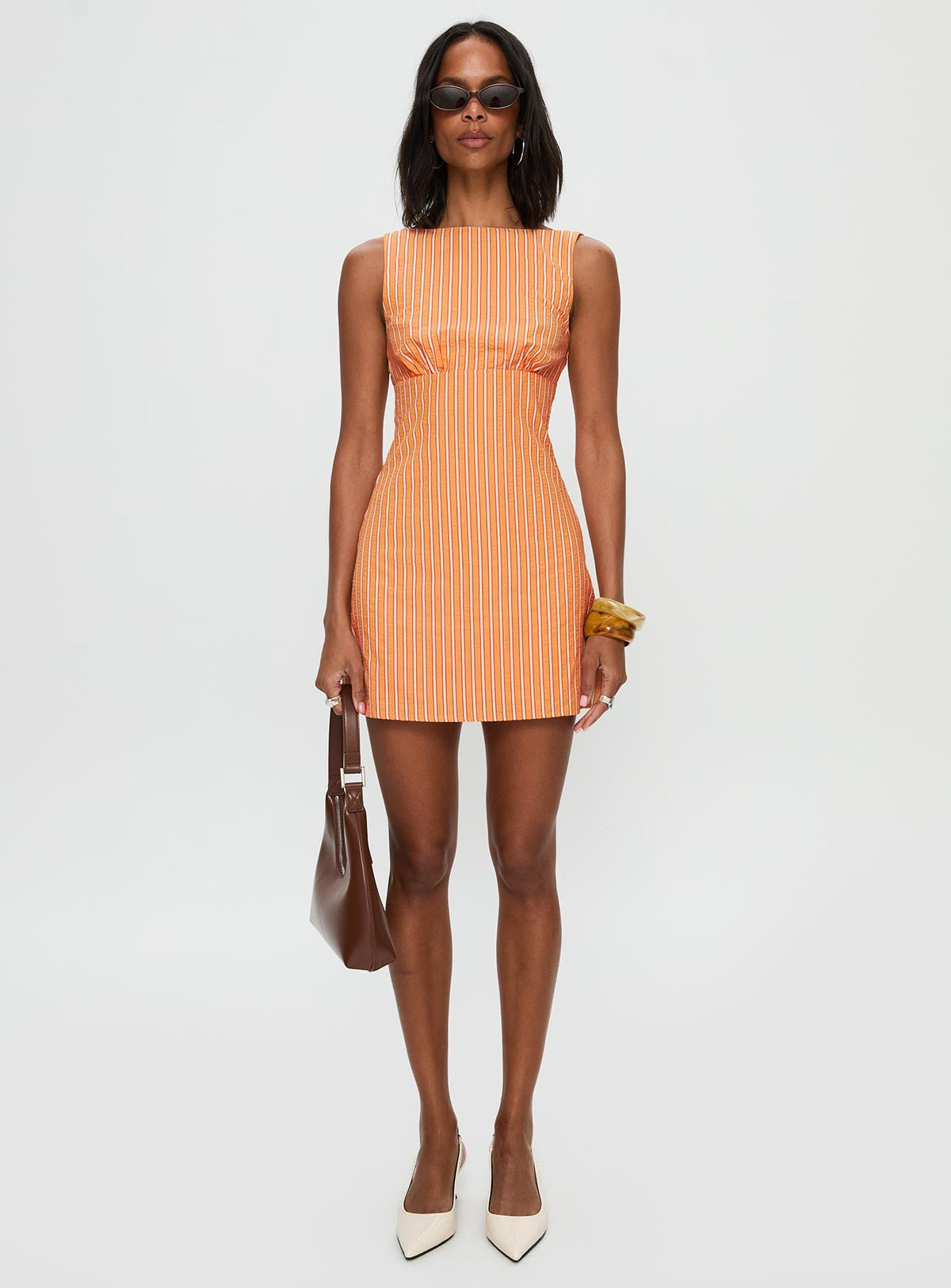 Ellesandra Boat Neck Mini Dress Orange Stripe