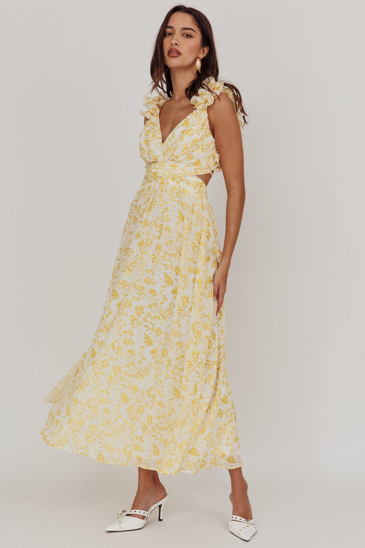Madara Lace-Up Back Maxi Dress Floral Yellow