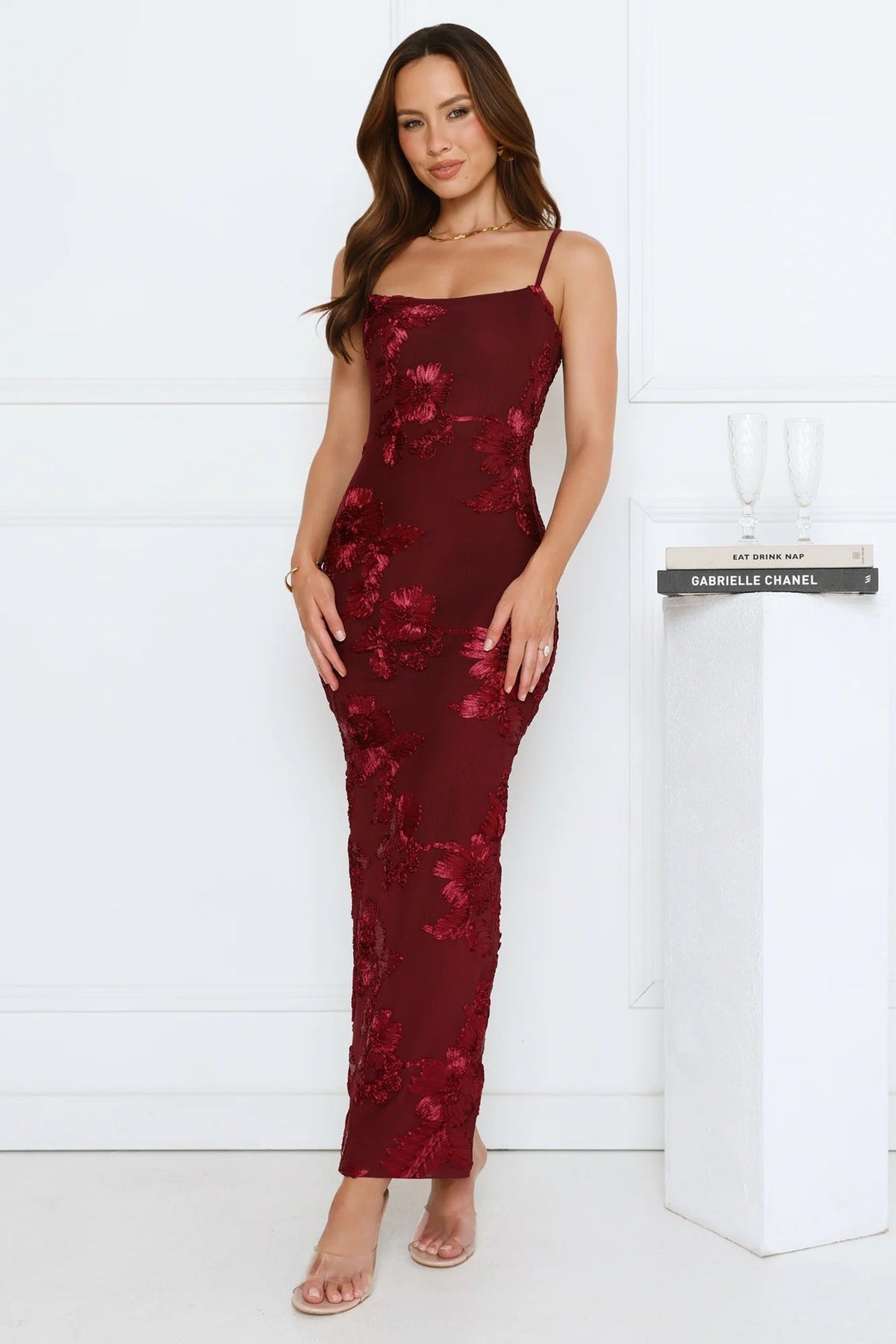 Celestial Luxe Mesh Maxi Dress Burgundy
