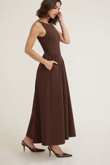 Iris Flared Ponte Maxi Dress-Bitter Chocolate Burgundy
