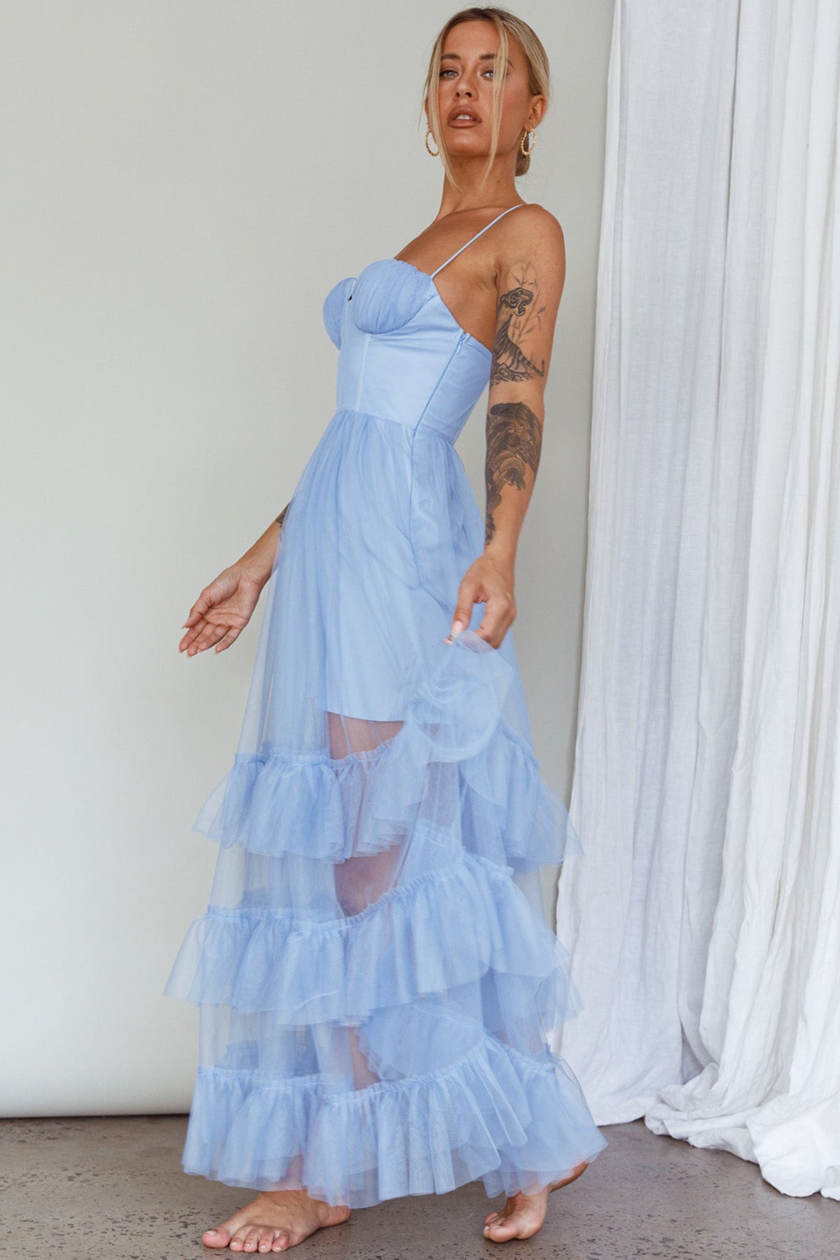 Moonlight Sonata Ruffle Mesh Maxi Dress Sky Blue
