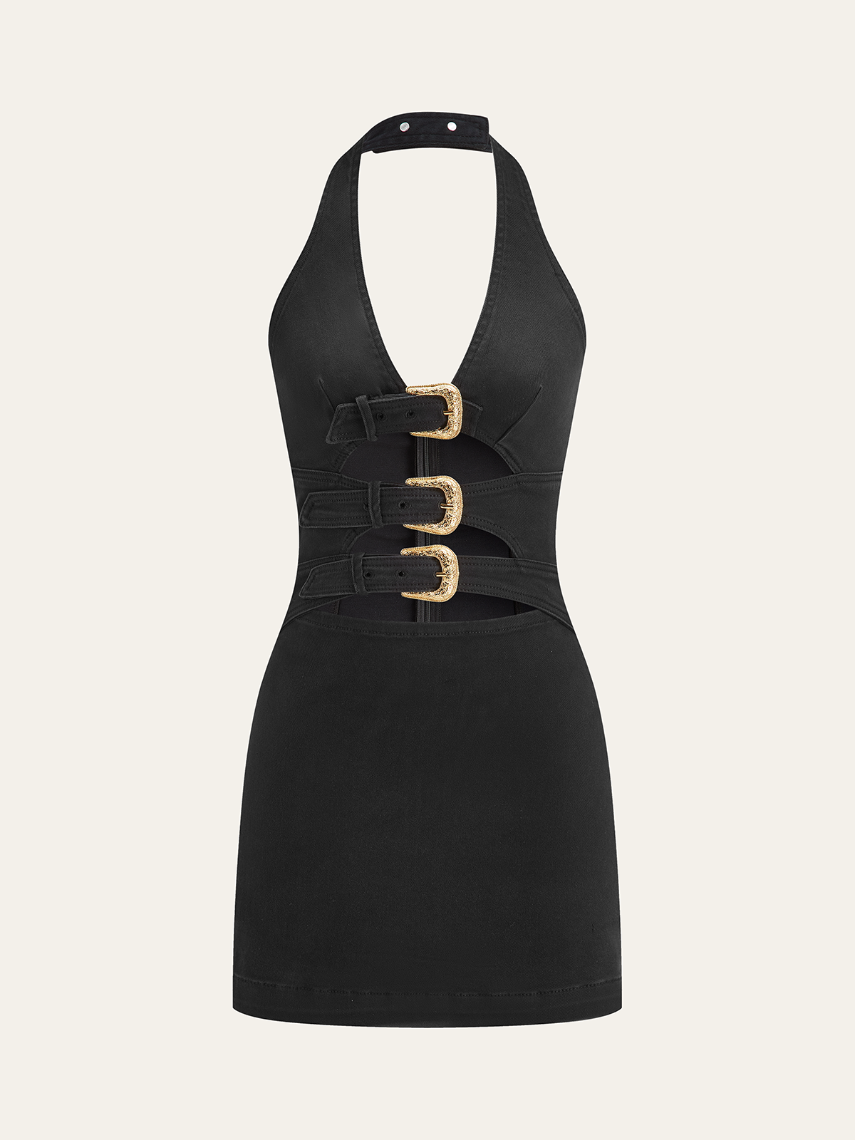 Halter Neck Buckle Detail Denim Dress