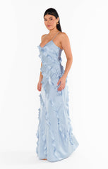 Romance Ruffle Dress ~ Steel Blue Luxe Satin