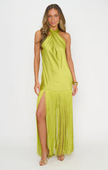 Jasmine Fringe Maxi Dress ~ Chartreuse Luxe Satin