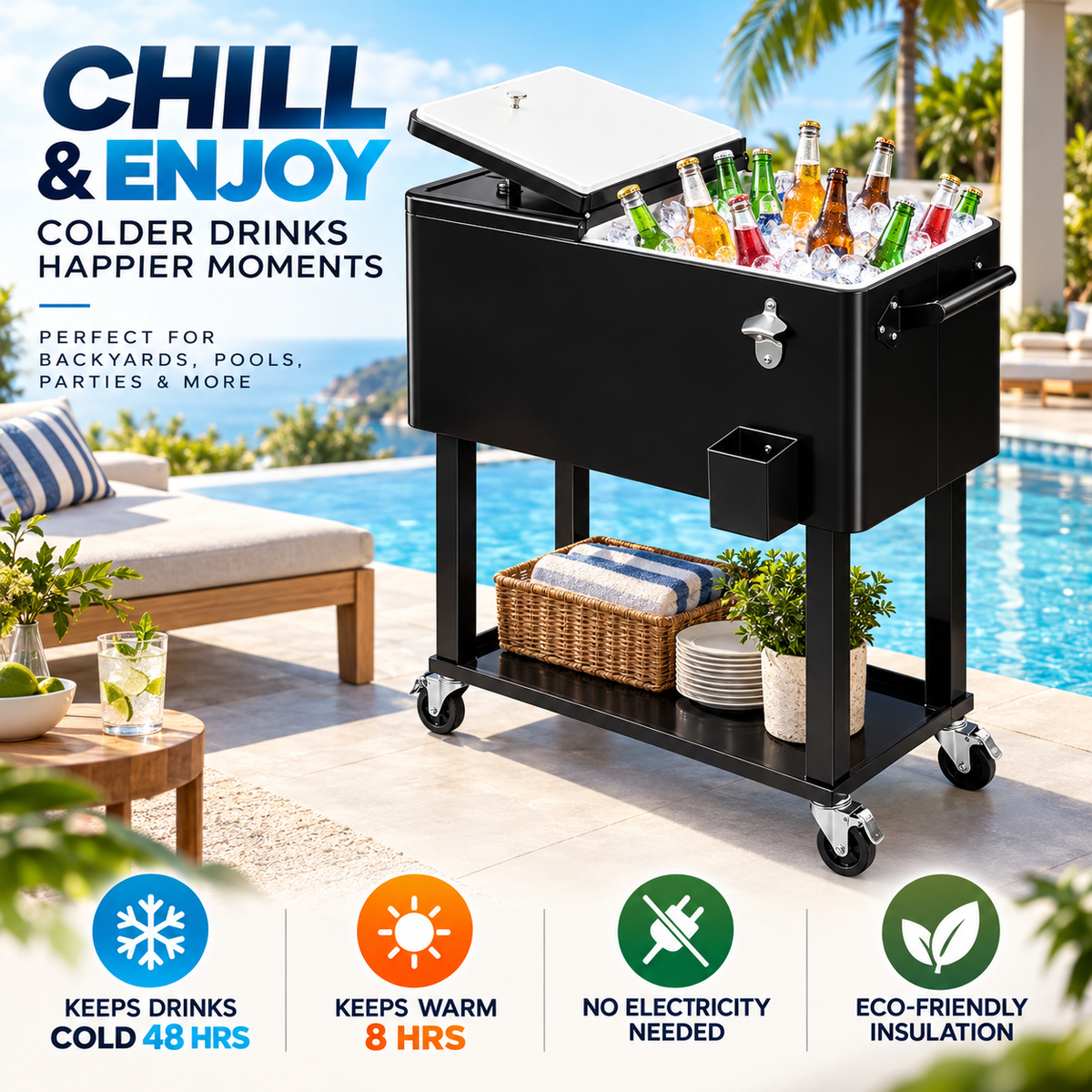 80QT Rolling Cooler Cart – Portable Patio Ice Chest with Wheels & Bottle Opener