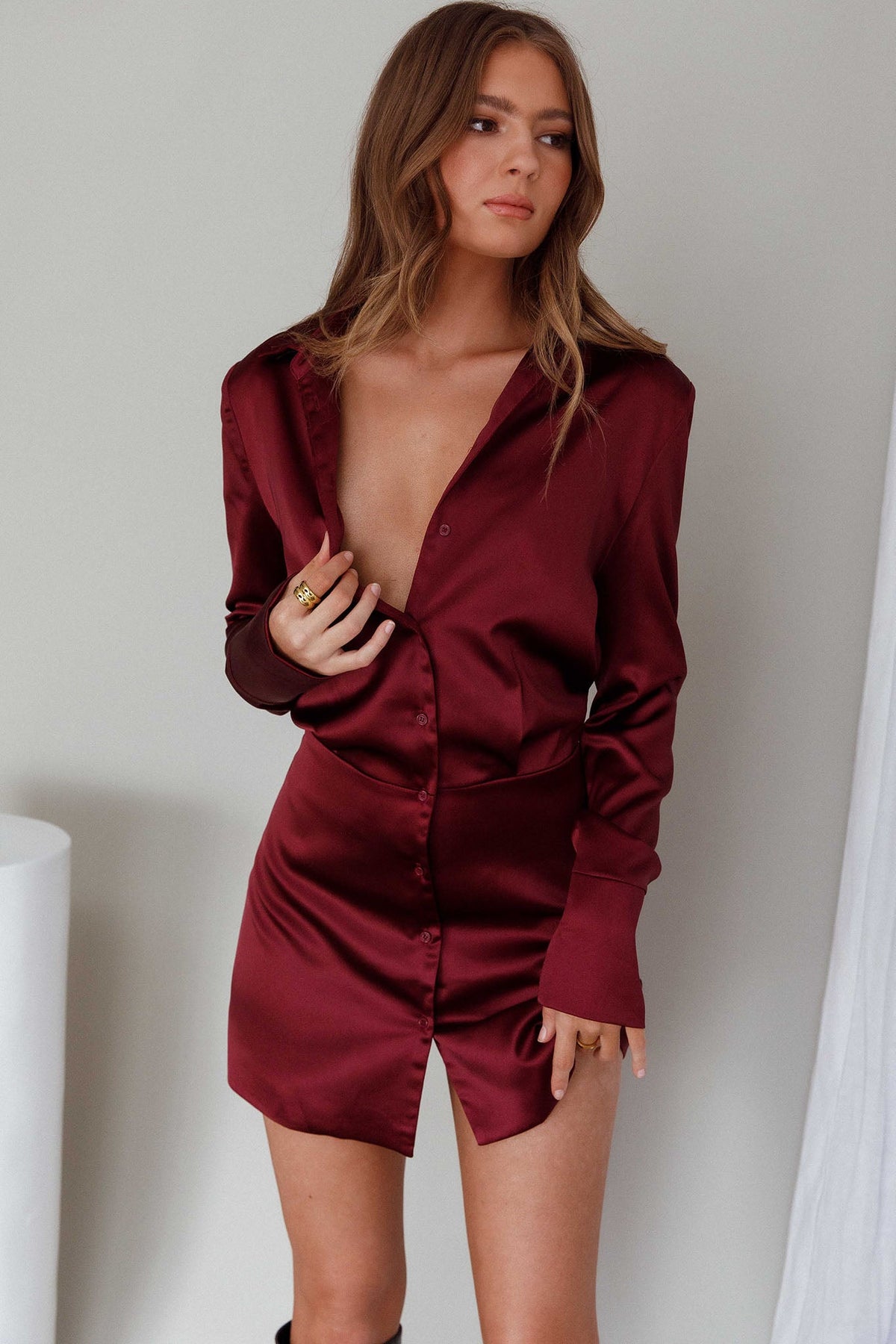 Lisbeth Collared Shirt Dress Burgundy