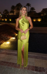 Jasmine Fringe Maxi Dress ~ Chartreuse Luxe Satin