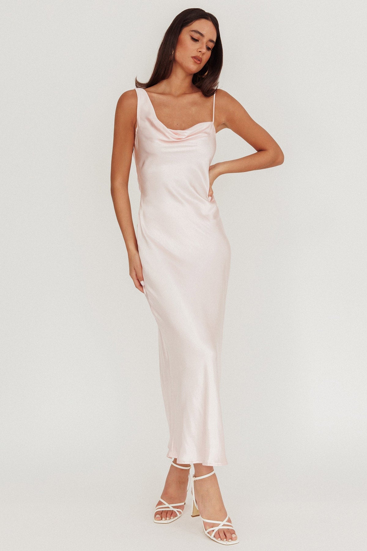 Treats Cowl Back Satin Maxi Dress Baby Pink