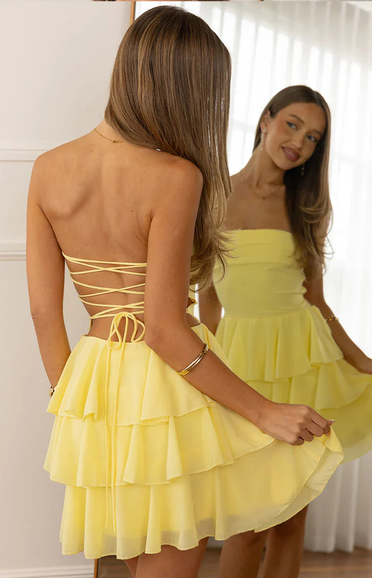 Kimmie Yellow Strapless Ruffle Mini Dress