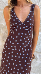 Cassara Maxi Dress - Chocolate / Blue Polka Dot