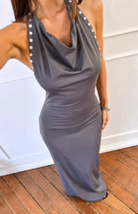 Tsuki Grey Stud Detail Cowl Neck Maxi Dress
