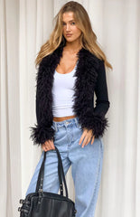 Violetta Black Fur Trim Knit Cardigan