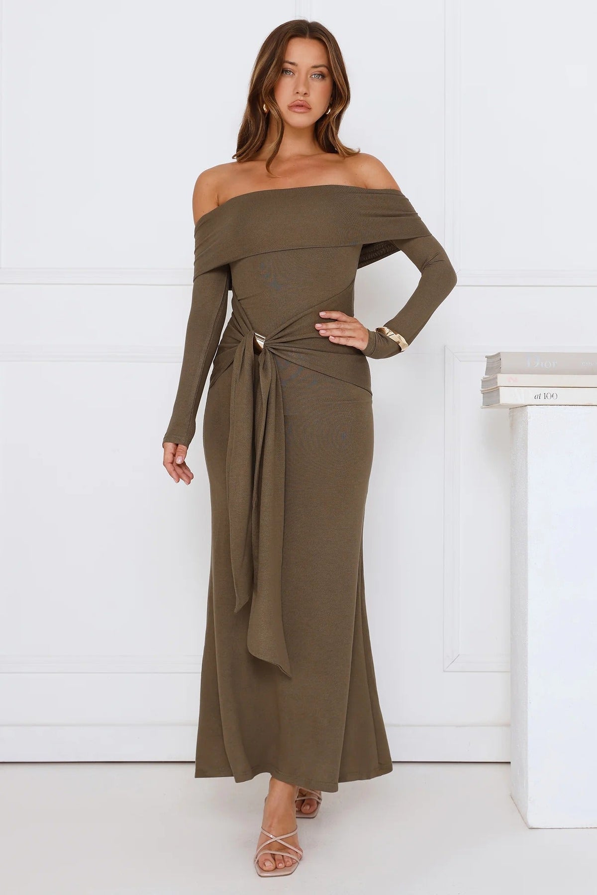 Subtle Statement Off Shoulder Maxi Dress Olive
