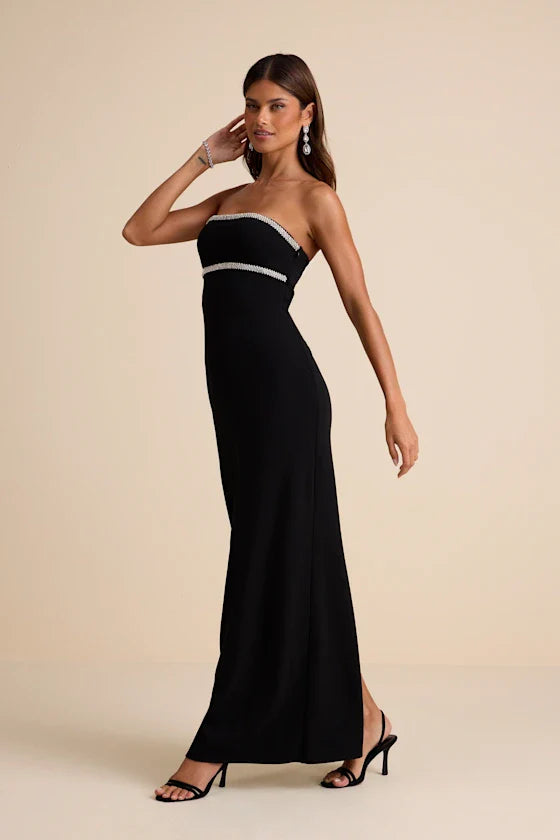 Kassine Black Rhinestone Cutout Strapless Maxi Dress