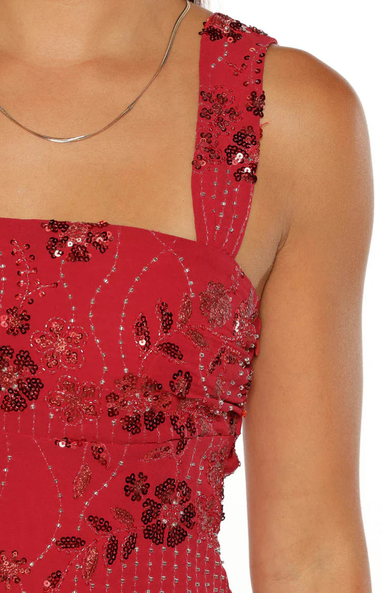 Not That Easy Red Beaded Party Mini Dress