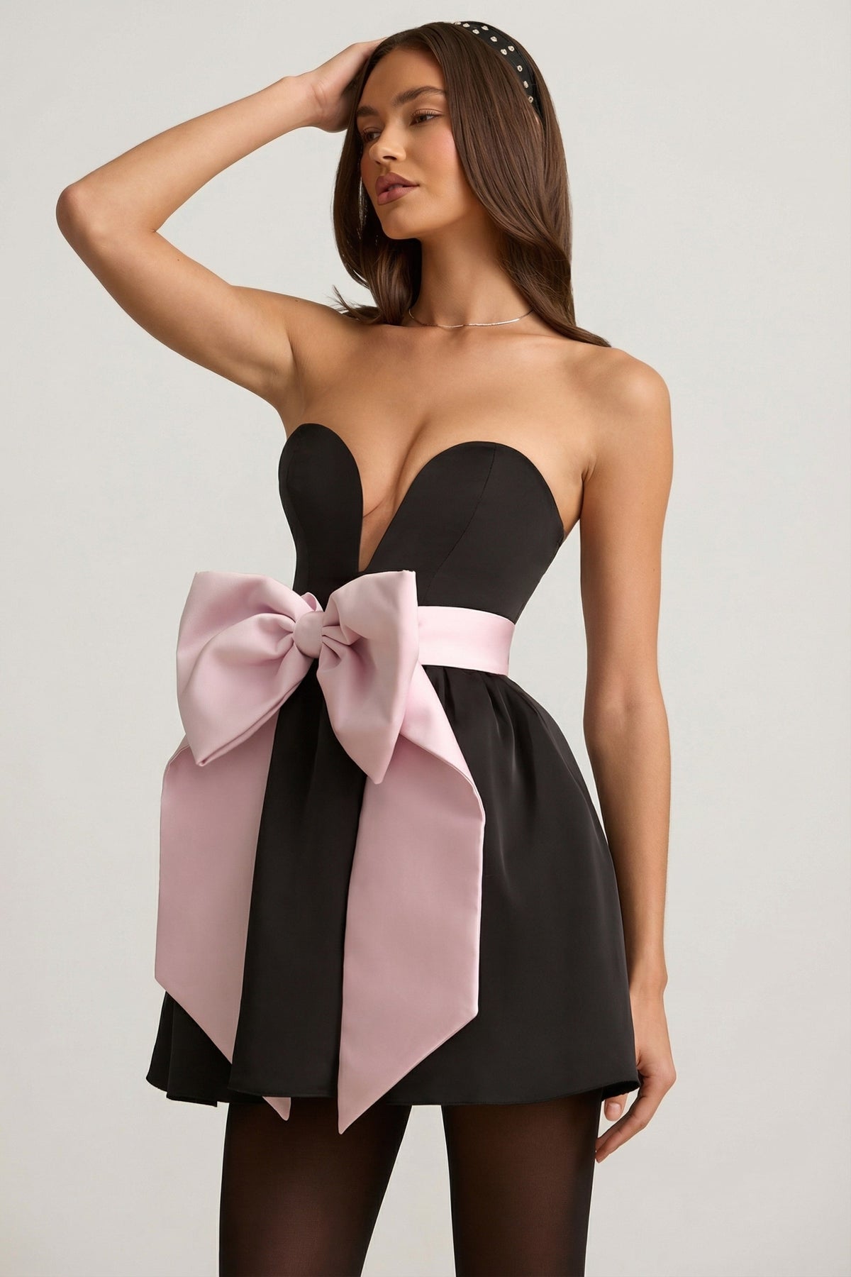 Bow-Detail Corset Mini Dress in Black
