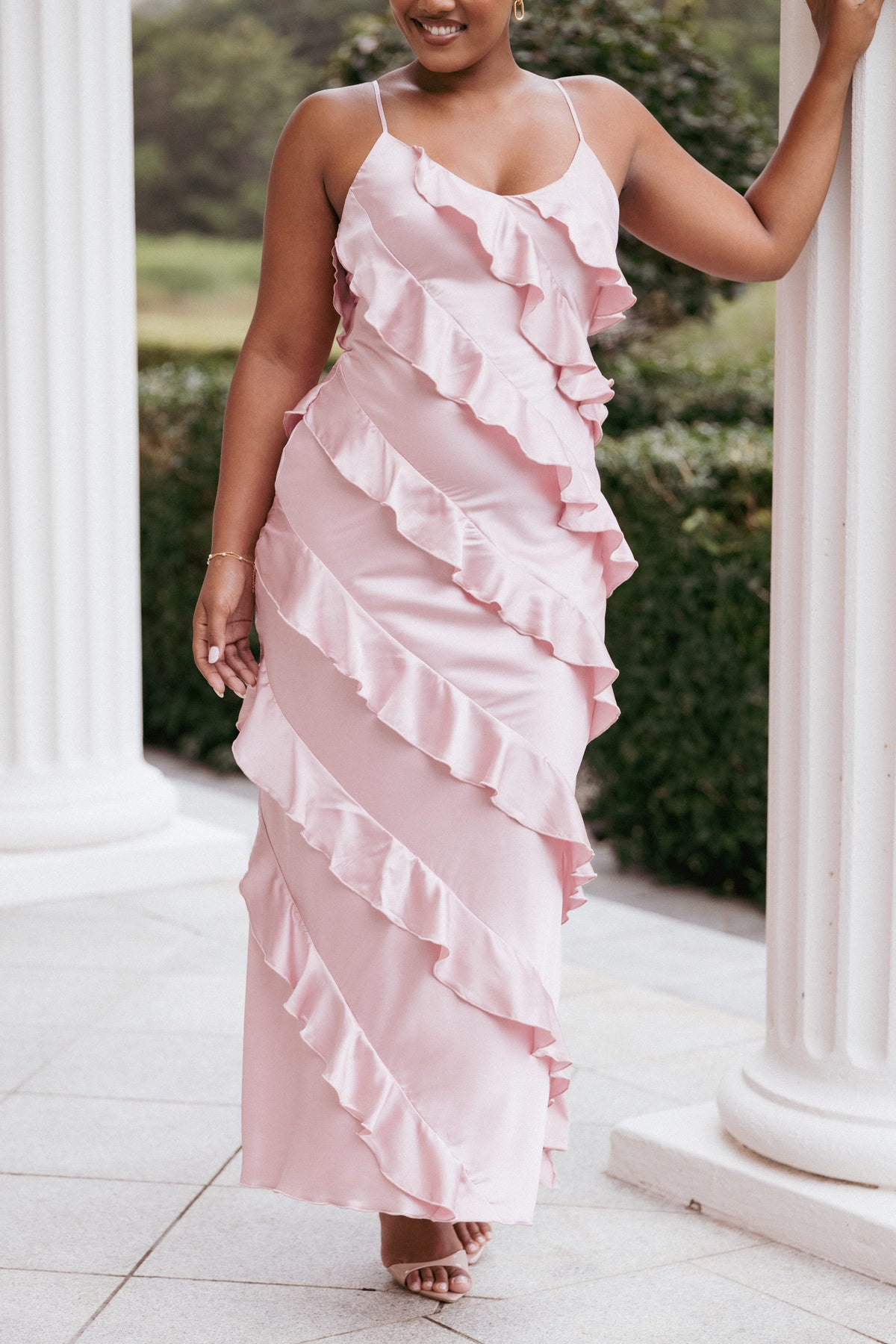 Ciao Ruffles Maxi Satin Dress - Pink