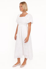 Clo Puff Sleeve Midi Dress - White Broderie