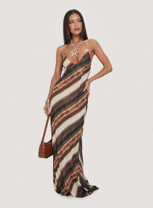 Esmira Halter Maxi Dress Brown Stripe
