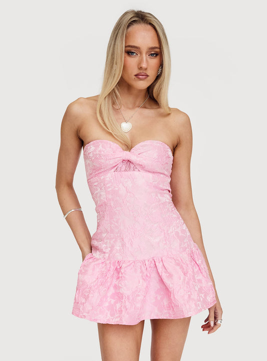 Aubriana Strapless Mini Dress Pink Jacquard