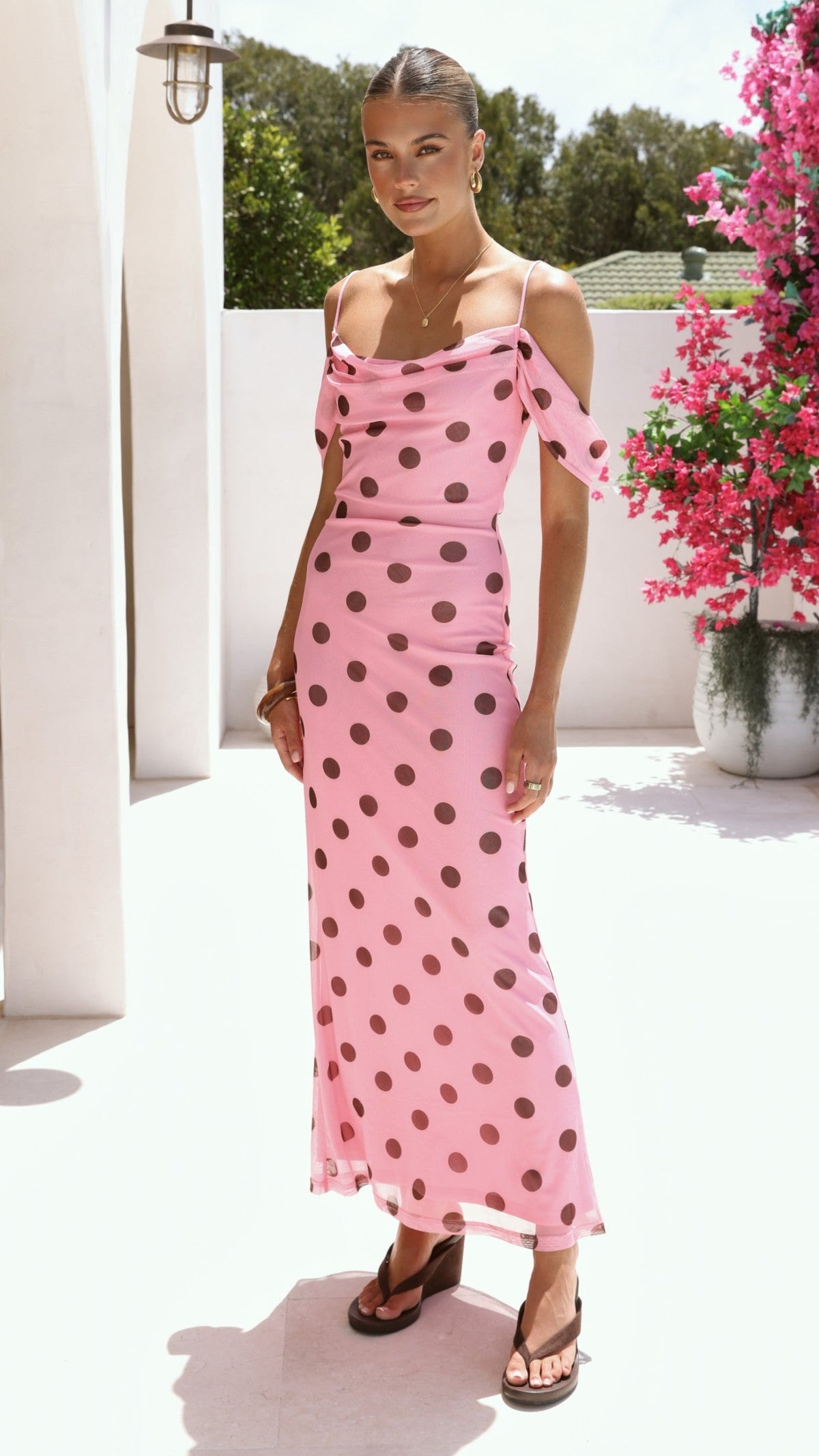 Mairi Maxi Dress - Pink / Brown Polka