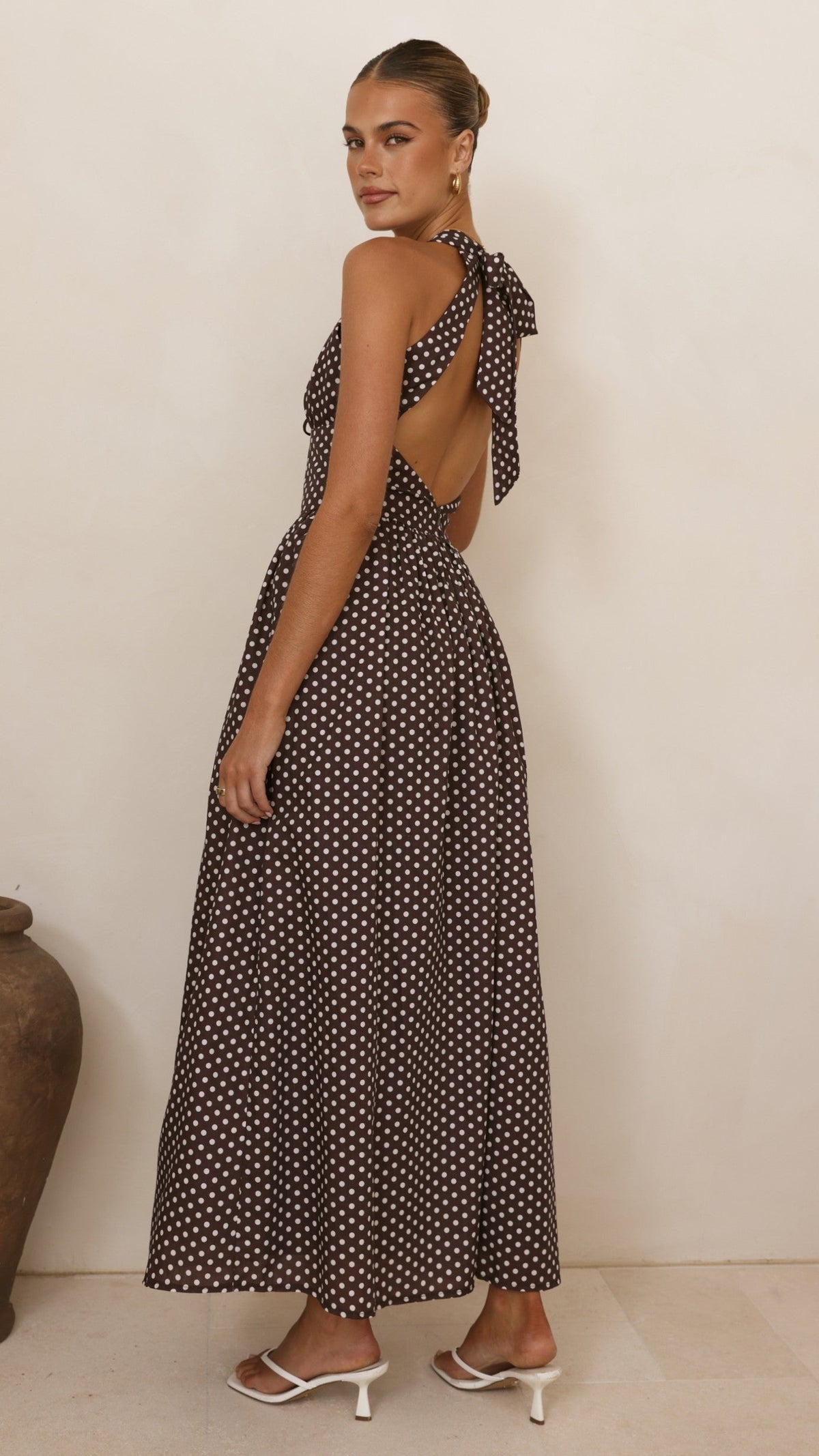 Rachel Tie Back Maxi Dress - Chocolate/White Spot
