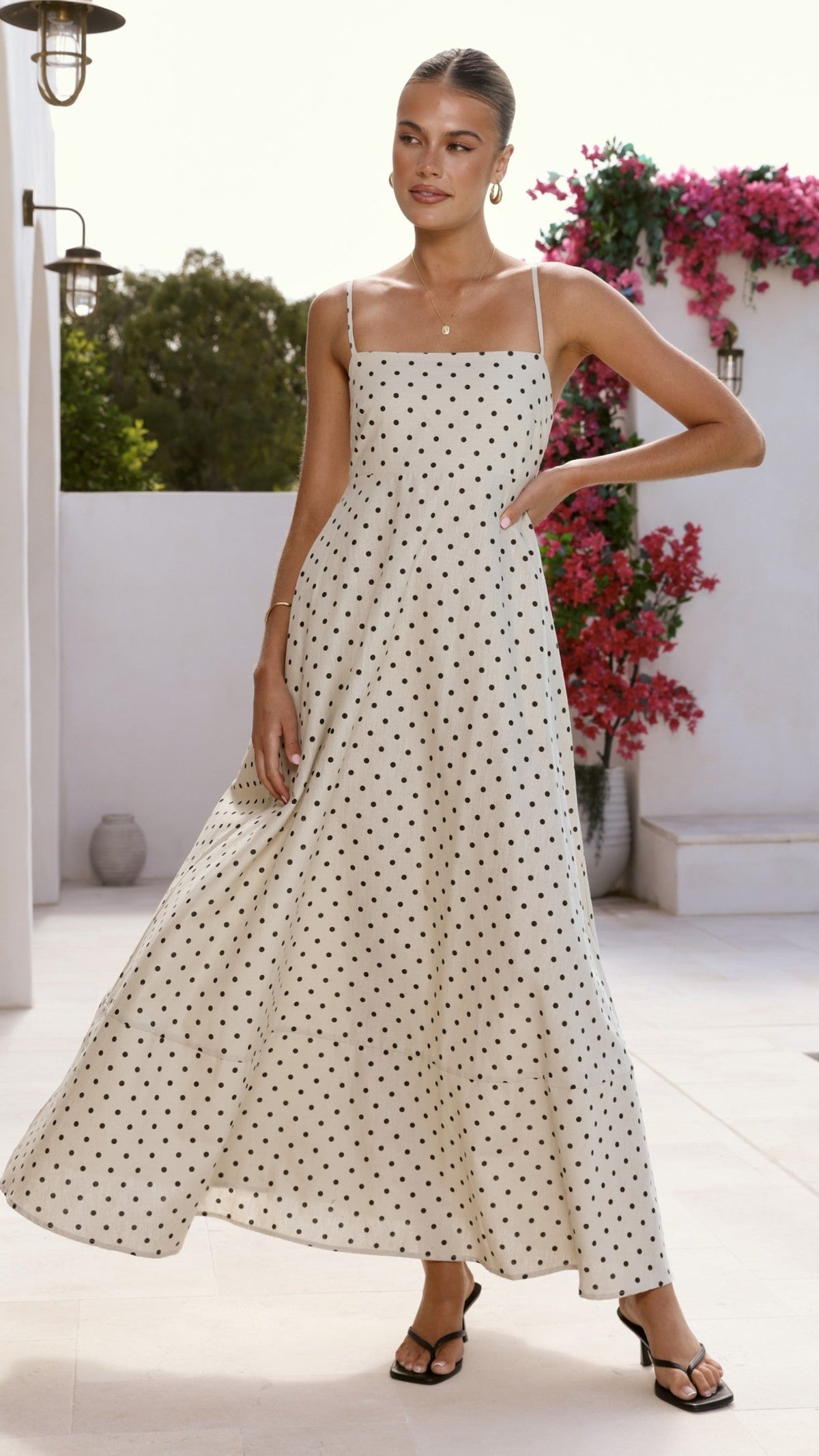 Nicole Spaghetti Strap Maxi Dress - Beige/Black Polka Dot