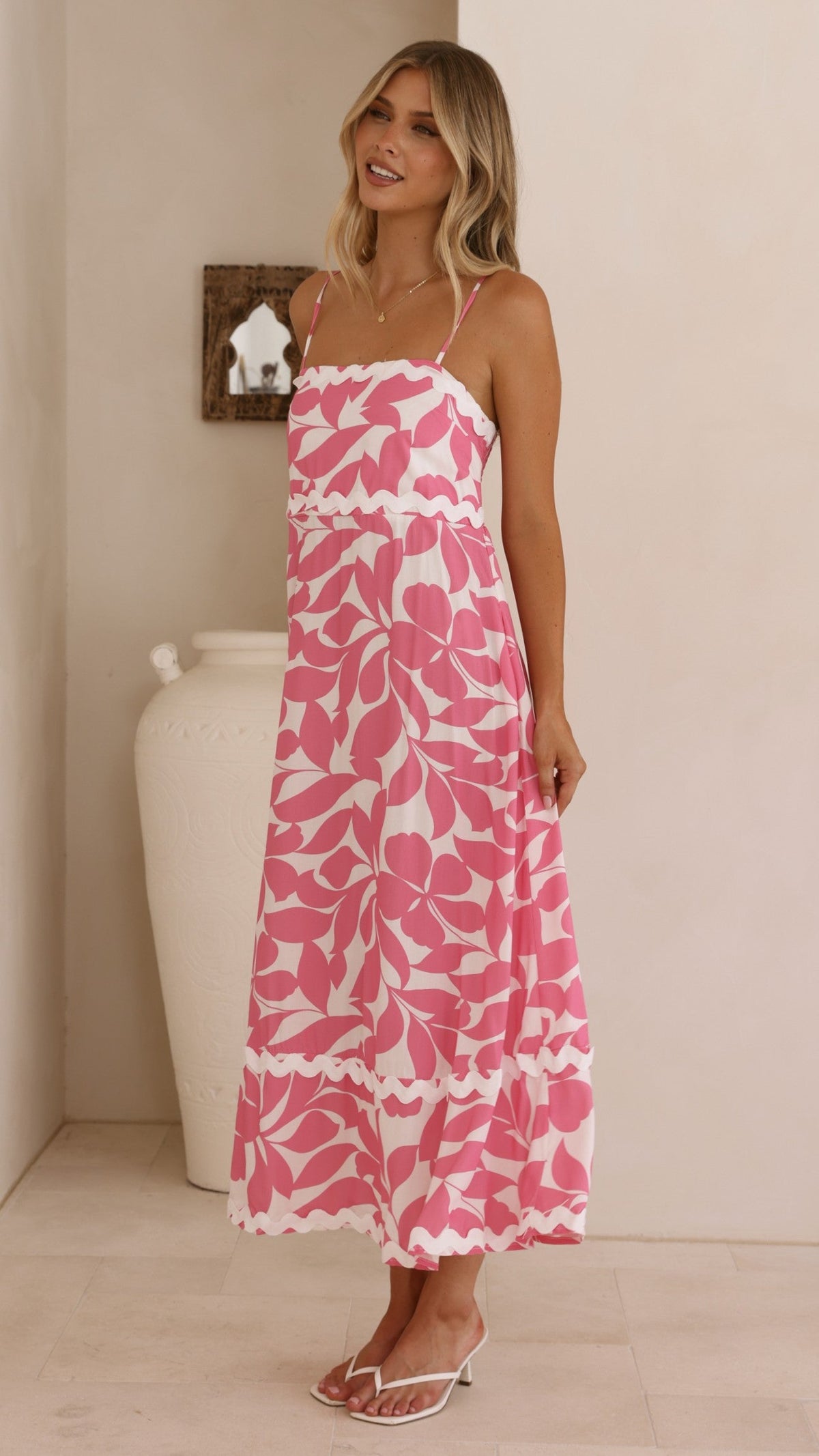 Seraphina Midi Dress - Fuchsia/White Print