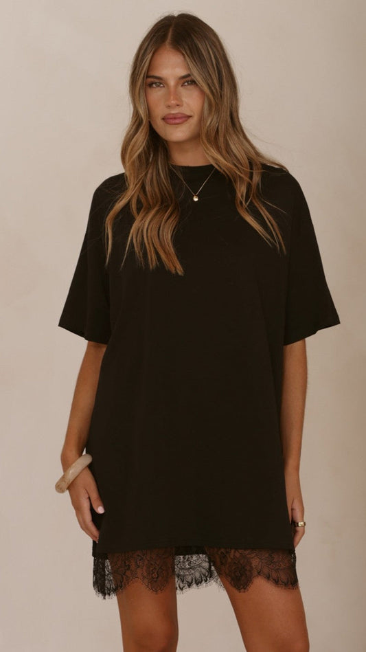 Saya T Shirt Lace Mini Dress - Black