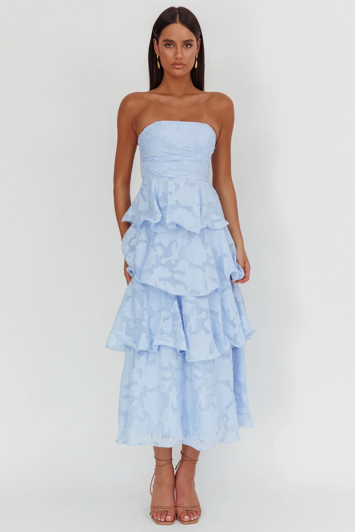 Giavana Strapless Layered Midi Dress Floral Embossed Blue