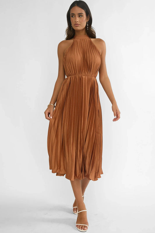 Sharaya Accordion Pleat Midi Dress Mocha