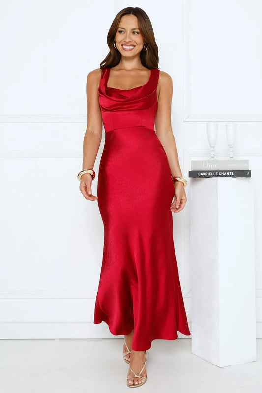 Crystal Luxe Satin Maxi Dress Red