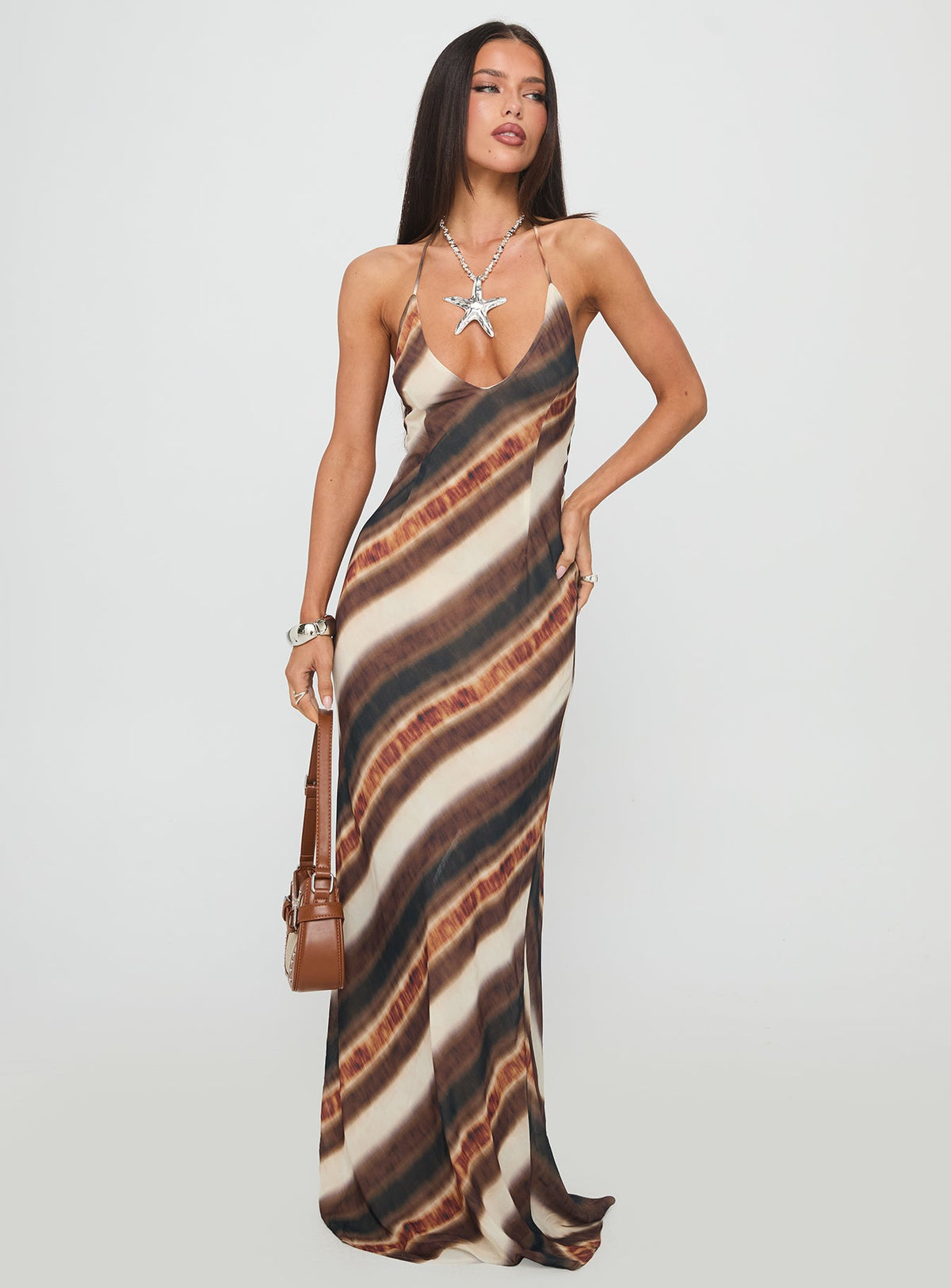 Esmira Halter Maxi Dress Brown Stripe