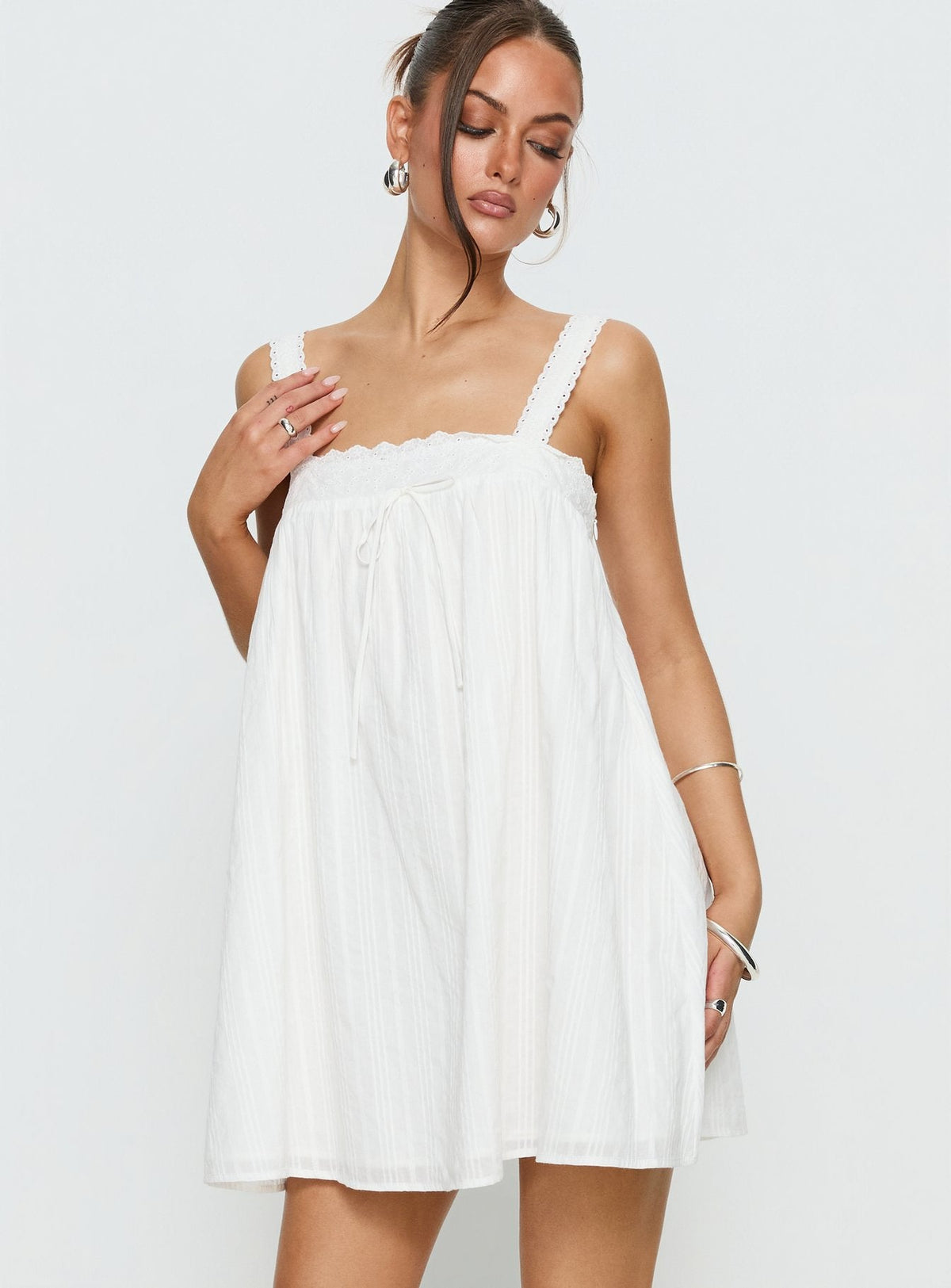 Reason To Stay Lace Trim Floaty Mini Dress White