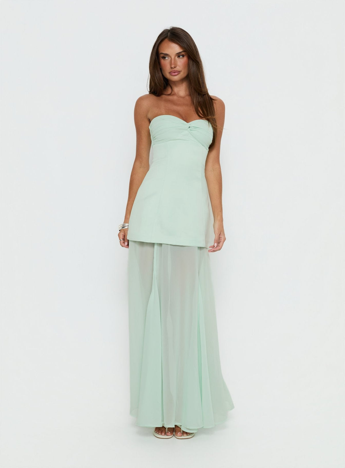 Flashy Sheer Chiffon Strapless Maxi Dress Green