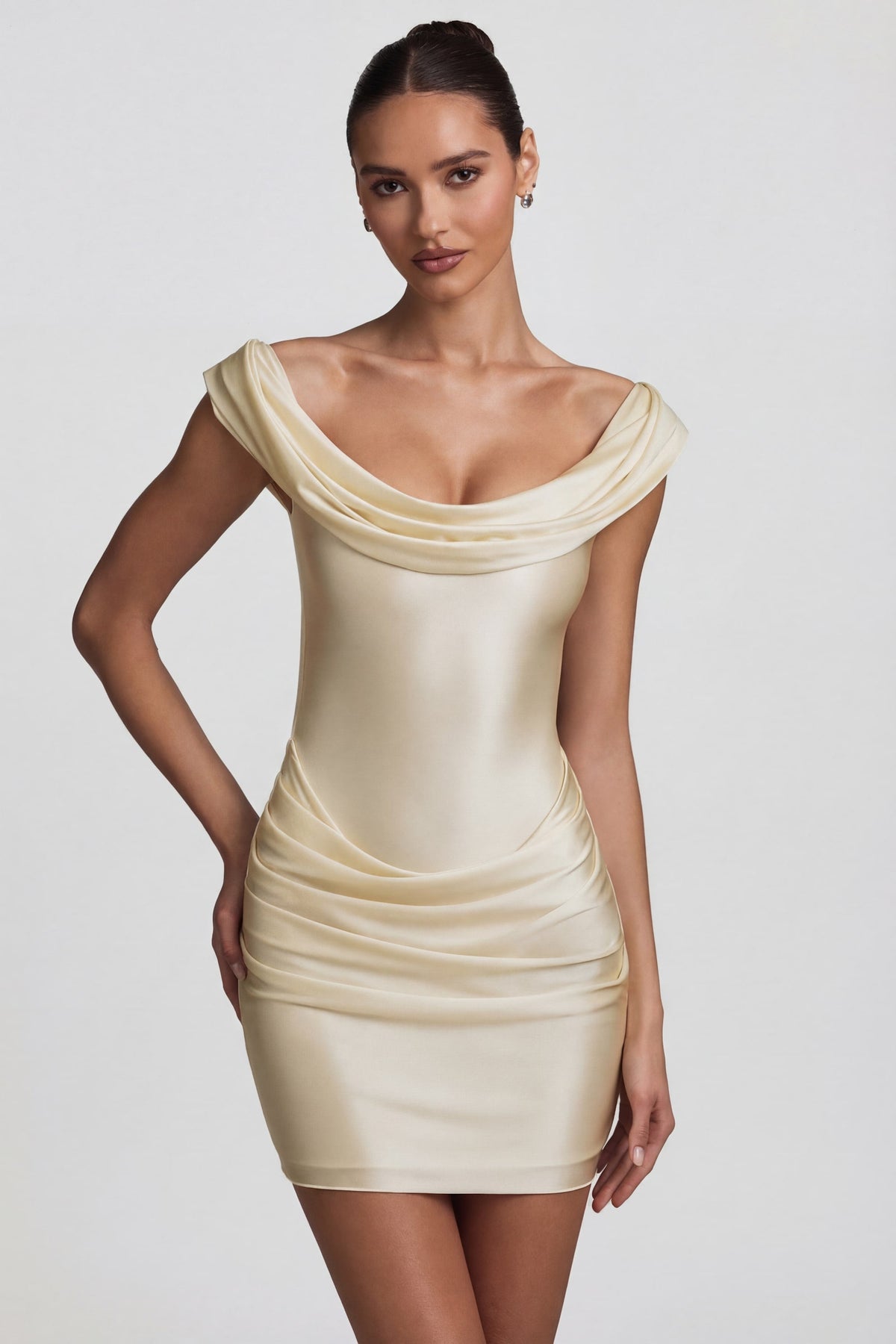 Satin Off-Shoulder Draped Mini Dress in Ivory