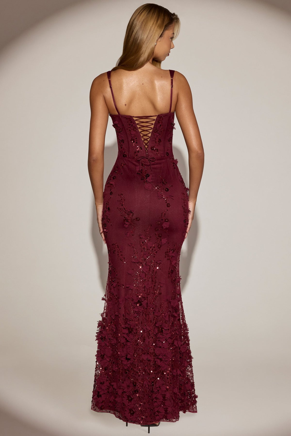 Embellished Appliqué Soft-Scoop Corset Gown in Wine Red