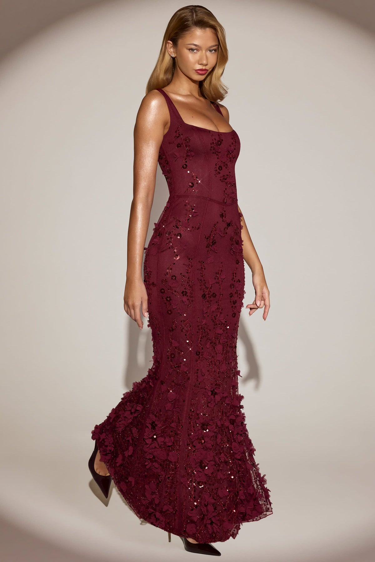Embellished Appliqué Soft-Scoop Corset Gown in Wine Red