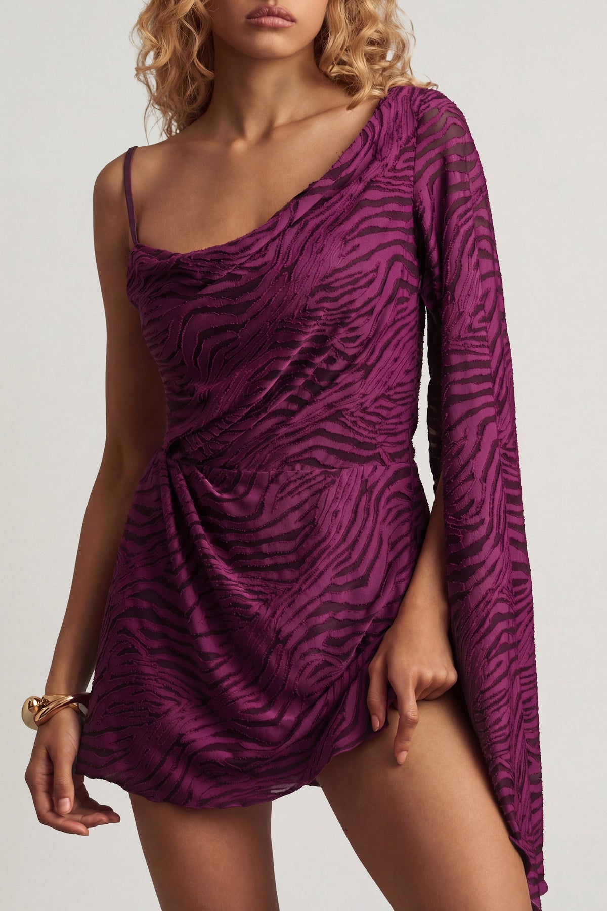 Devoré One-Sleeve A-Line Mini Dress in Berry Purple
