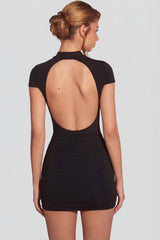 Jersey Turtleneck Ruched Backless Mini Dress in Black