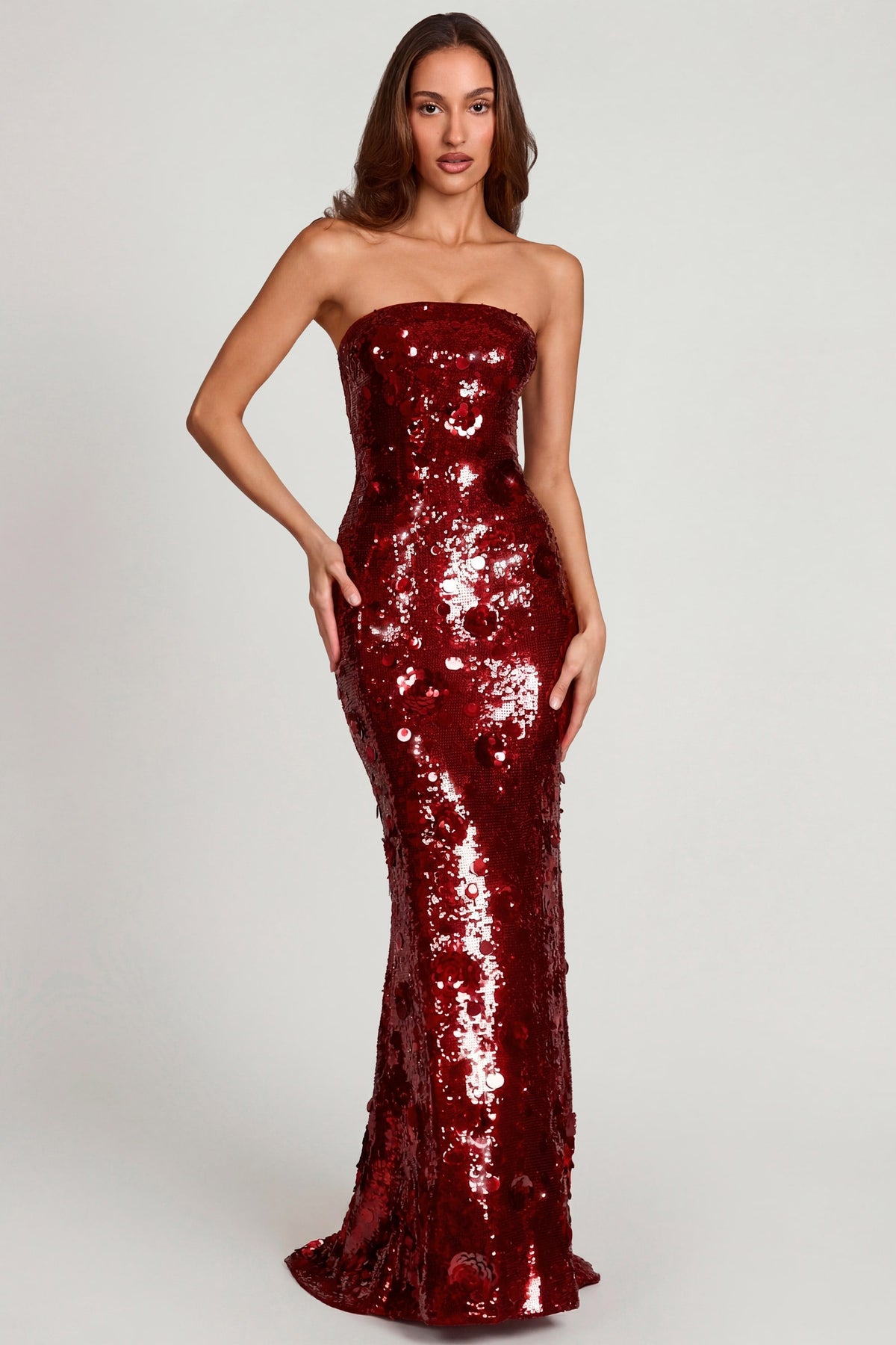 3D Embellished Bandeau Maxi Dress in Red